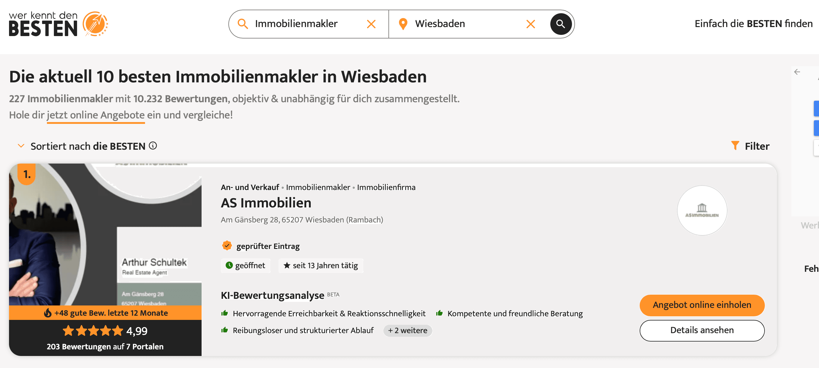 Screenshot von Wer Kent den Besten Rating mit AS Immobilien auf Platz 1